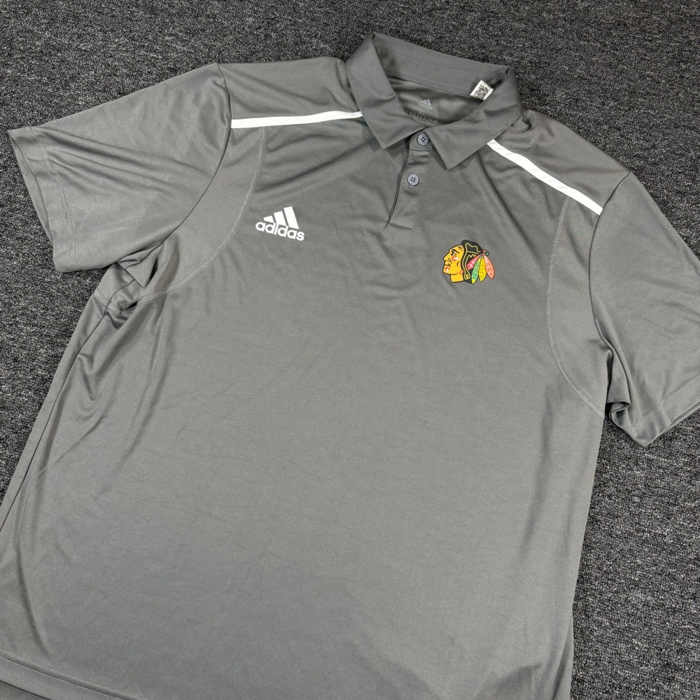 Adidas Polo Shirt Mens XL Gray Chicago Blackhawks NHL Aeroready Short Sleeve